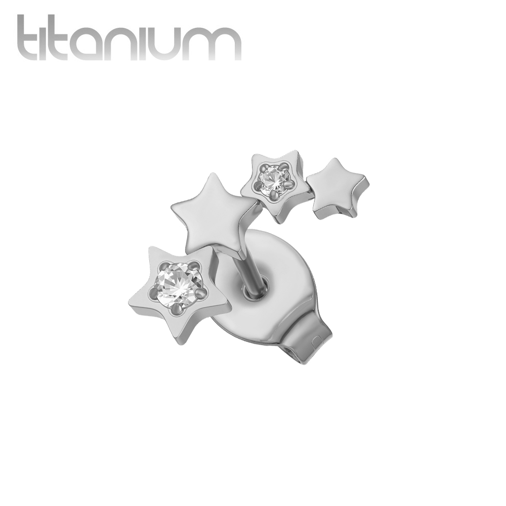 עגיל סטד בודד מטיטניום - כוכבים עם קריסטלים לבנים