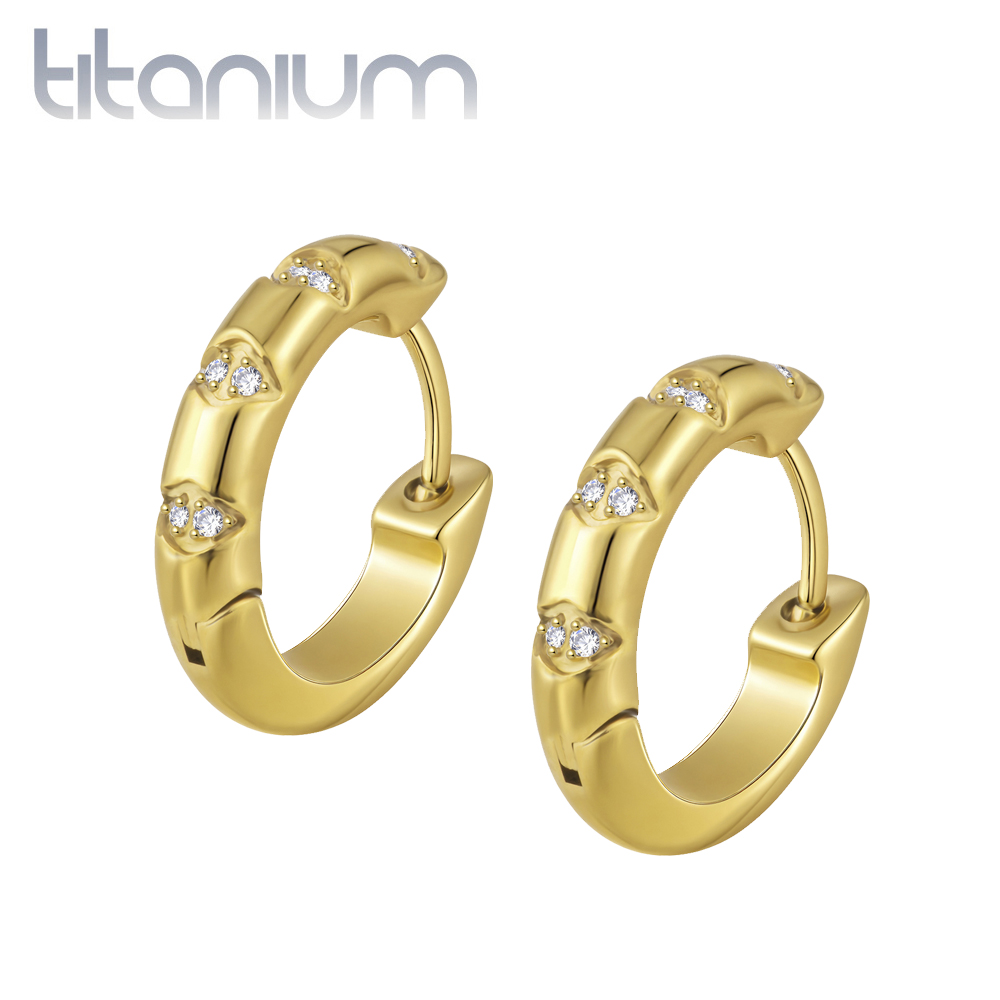 זוג עגילי חישוק האגיס מטיטניום וציפוי זהב 10 מ"מ עם קריסטלים לבנים