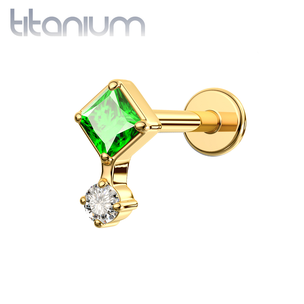 עגיל הליקס / טראגוס / קונץ' / פלאט  מטיטניום וציפוי זהב - זירקוניה ריבוע ירוק ועיגול לבן