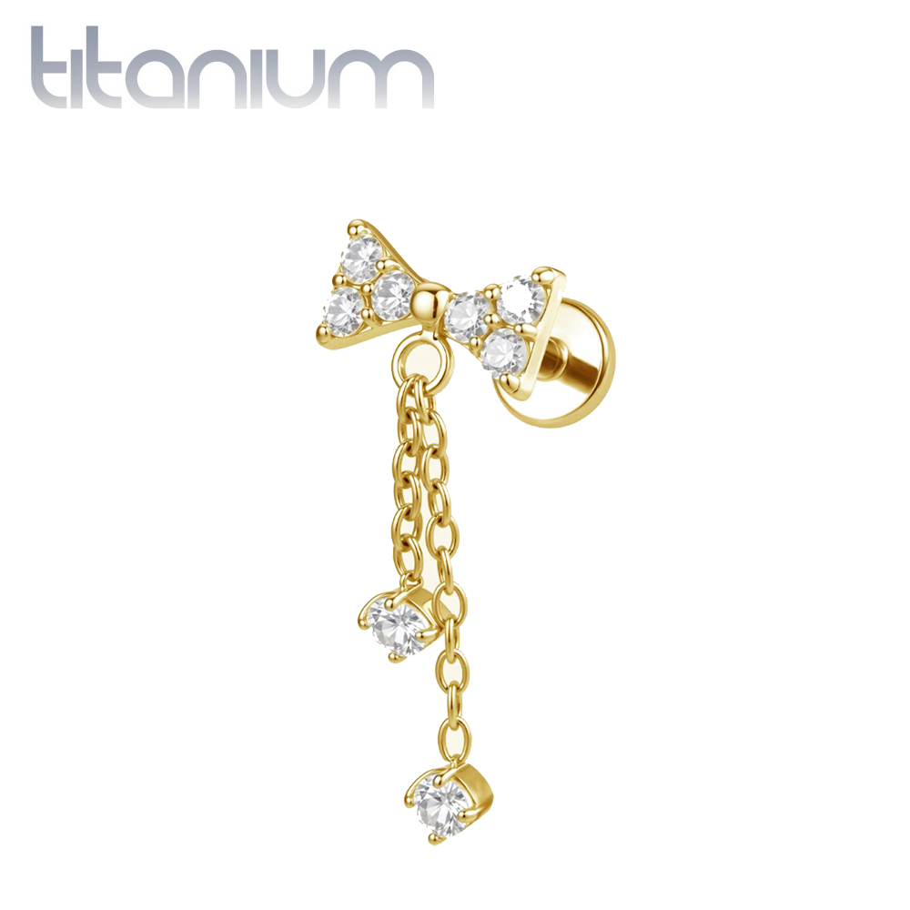 עגיל הליקס / קונץ' / פלאט מטיטניום וציפוי זהב - פפיון ושרשראות עם קריסטלים לבנים בהברגה