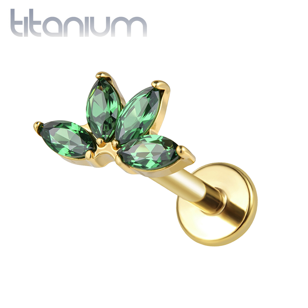 עגיל הליקס / טראגוס / קונץ' / פלאט  מטיטניום וציפוי זהב - מניפה קטנה של מרקיזים ירוקים