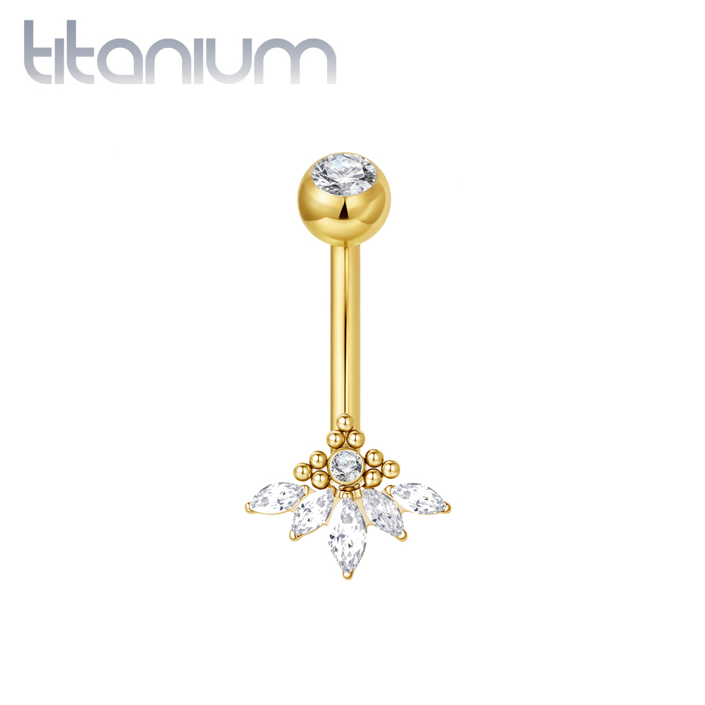 עגיל פירסינג בטבור מטיטניום וציפוי זהב - מניפה של זירקונים מרקיזים
