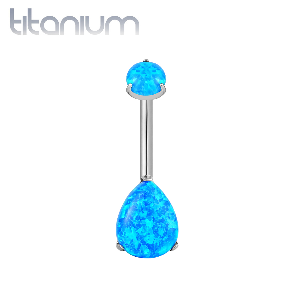 עגיל פירסינג בטבור מטיטניום - טיפה אופל תכלת