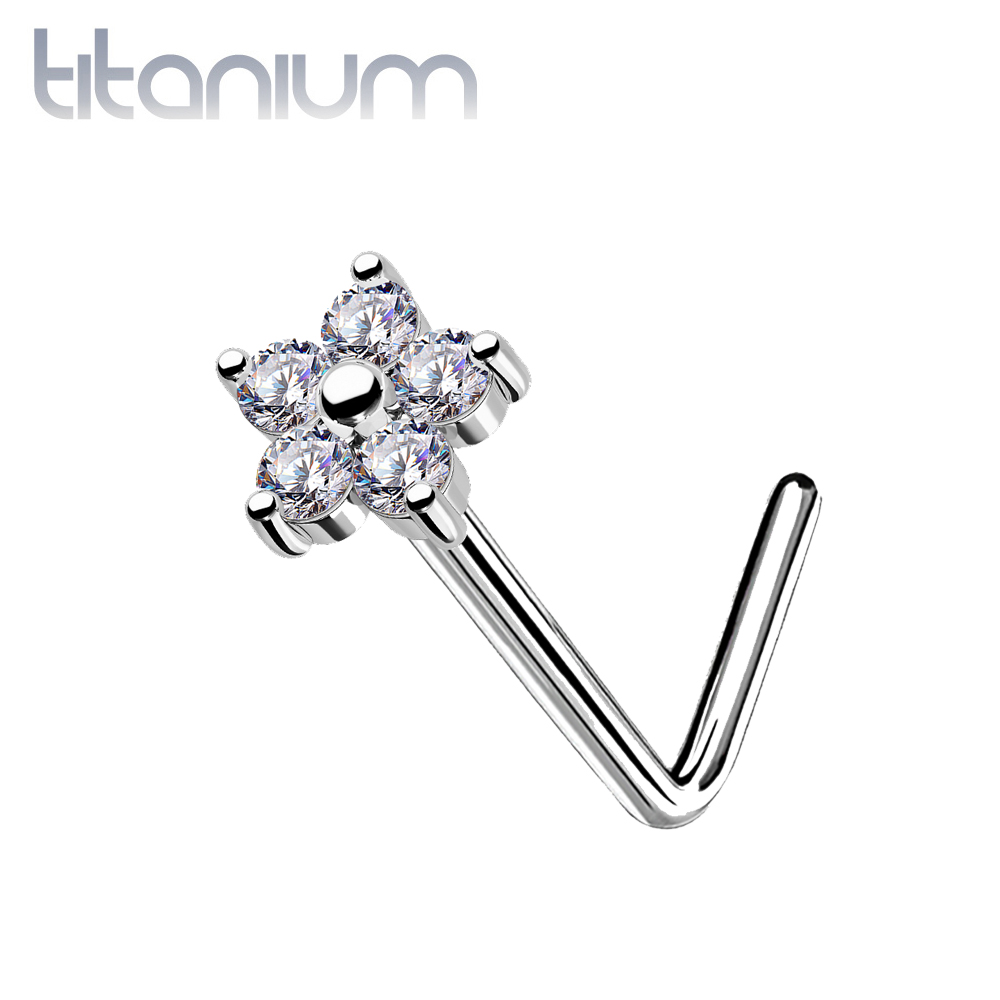 נזם אף מטיטניום פרח קריסטלים לבנים - 3 ממ