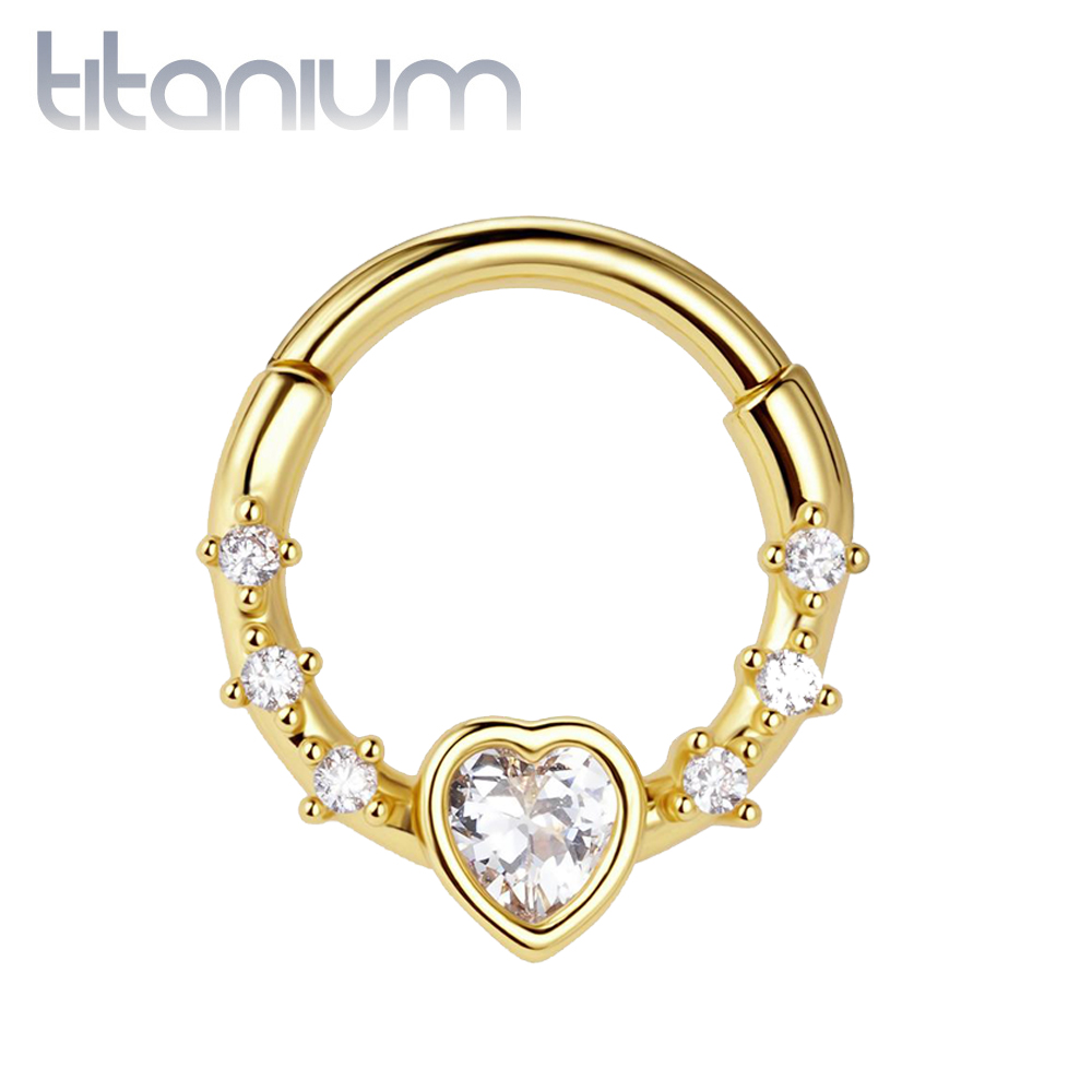 עגיל הליקס / ספטום קליקר מטיטניום וציפוי זהב 1.2 * 8 מ"מ זירקוניה לב וקריסטלים לבנים