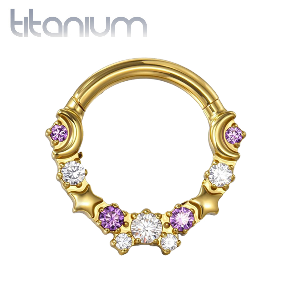 עגיל הליקס / ספטום קליקר מטיטניום וציפוי זהב 1.2 * 8 מ"מ קריסטלים כוכבים סגולים ולבנים