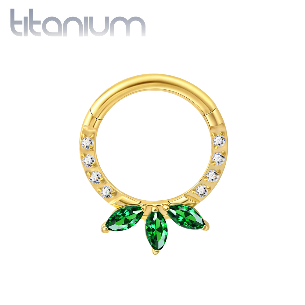 עגיל הליקס / ספטום קליקר מטיטניום וציפוי זהב 1.2 * 8 מ"מ לוטוס זירקונים לבנים וירוקים