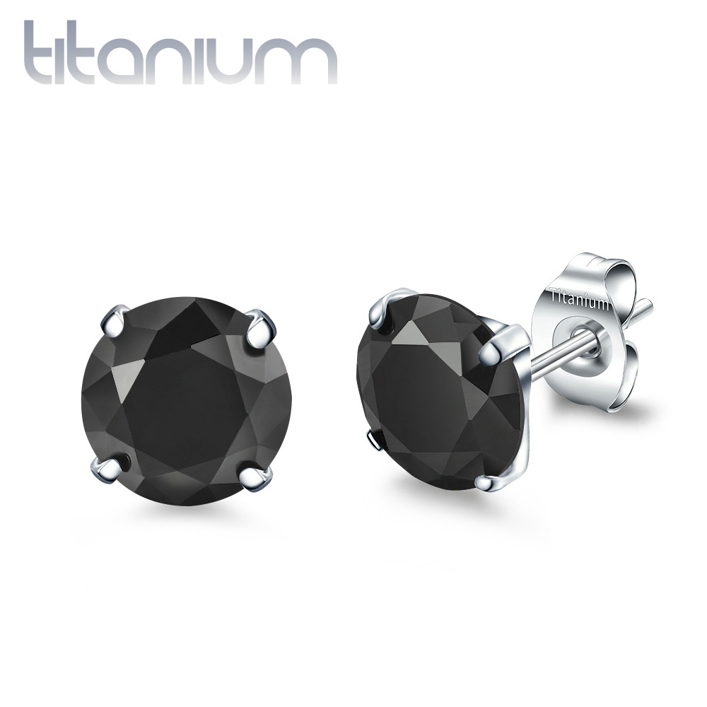 עגילי סטד מטיטניום - קריסטלים שחורים 6 ממ