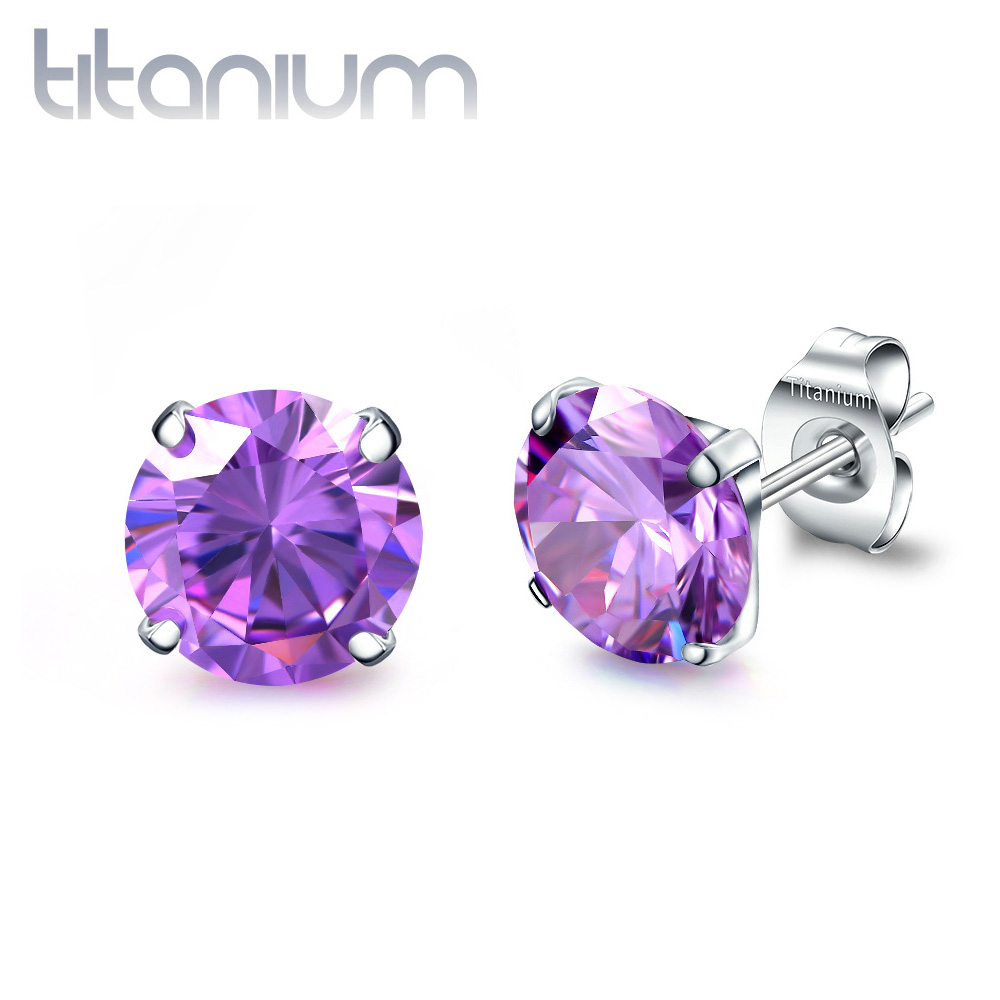 עגילי סטד מטיטניום - קריסטלים סגולים 6 ממ