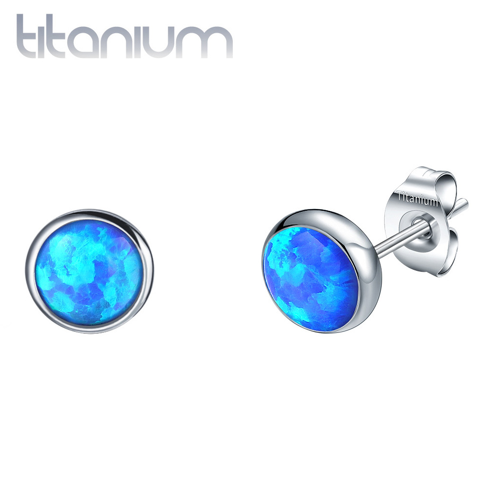 זוג עגילי סטד מטיטניום - אופל כחול