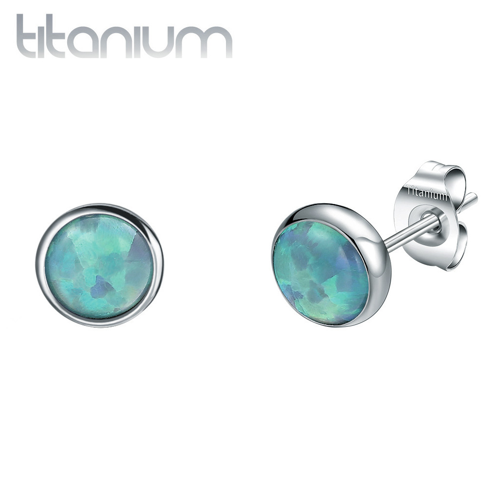 זוג עגילי סטד מטיטניום - אופל תכלת