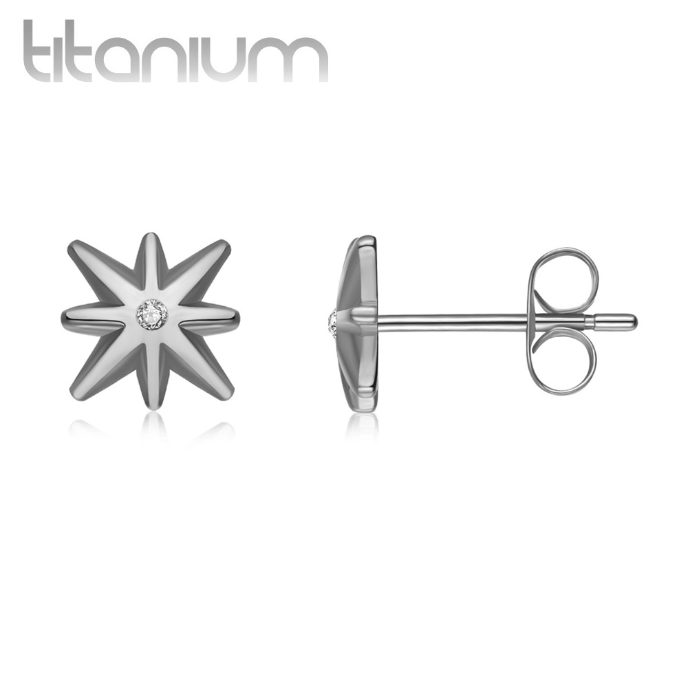 זוג עגילי סטד מטיטניום - כוכב קריסטל לבן