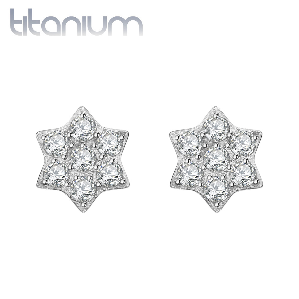 זוג עגילי סטד מטיטניום - פרח קריסטלים לבנים