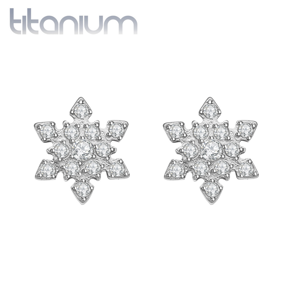 זוג עגילי סטד מטיטניום - פתית שלג קריסטלים לבנים