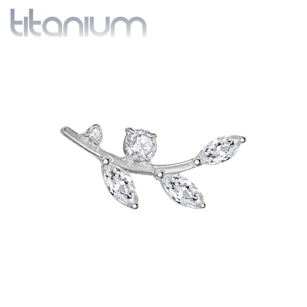 עגיל סטד בודד מטיטניום - גבעול ועלים קריסטלים לבנים