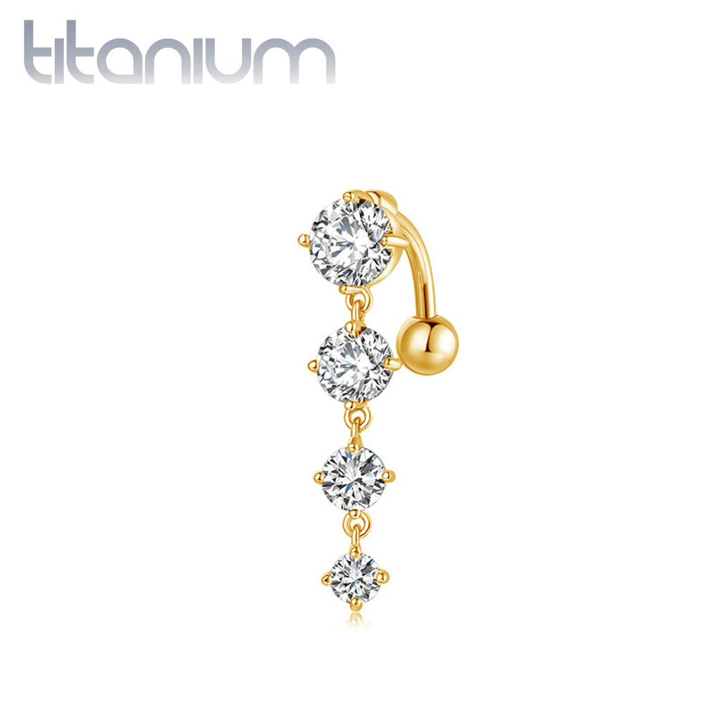 עגיל פירסינג בטבור מטיטניום וציפוי זהב - 4 זירקונים עגולים לבנים