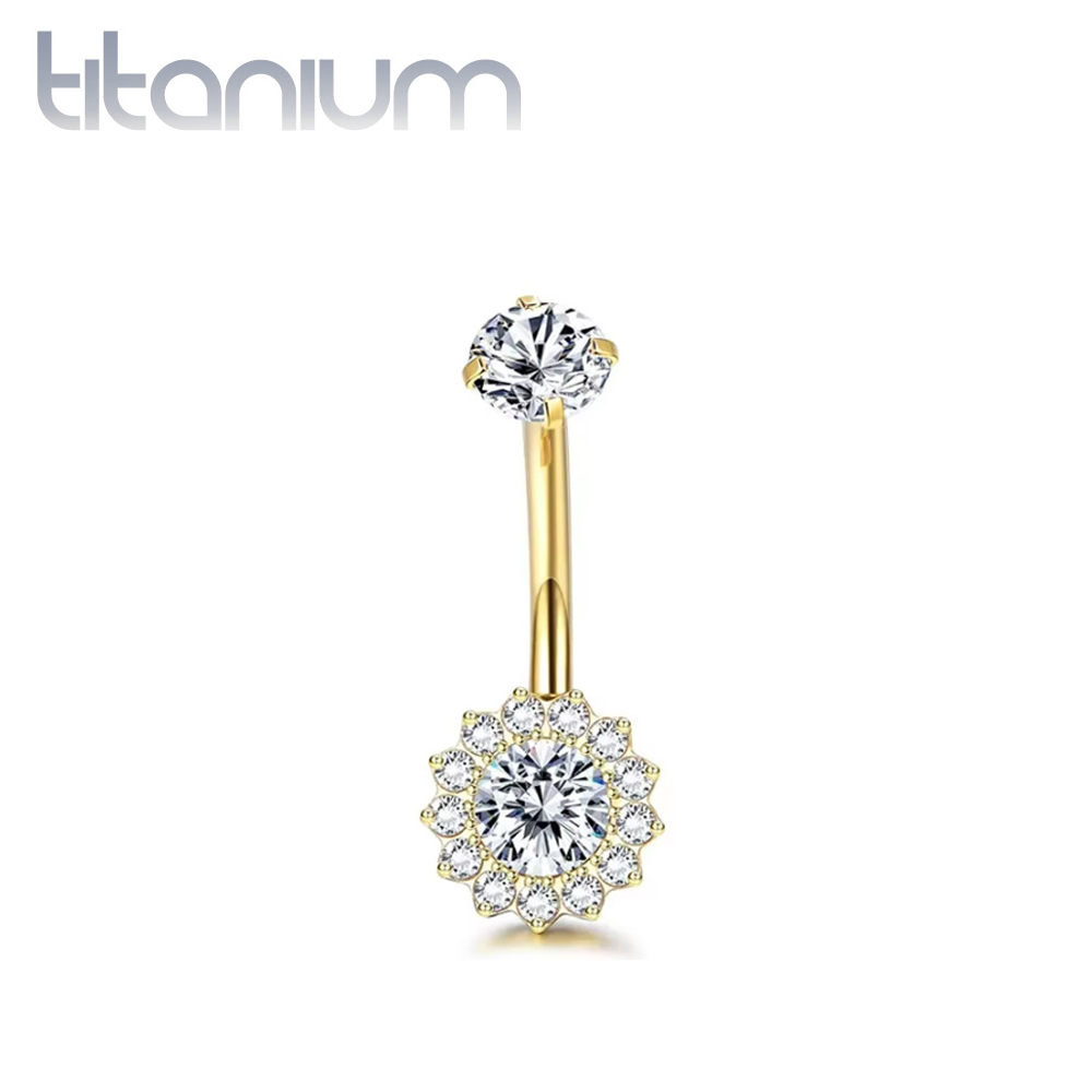 עגיל פירסינג בטבור מטיטניום וציפוי זהב - פרח עם זרקונים לבנים