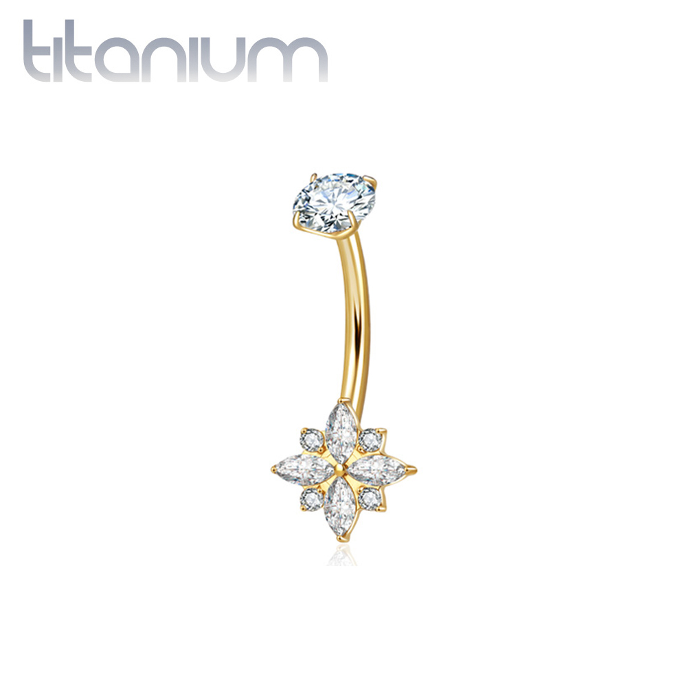 עגיל פירסינג בטבור מטיטניום וציפוי זהב - פרח עם זרקונים לבנים