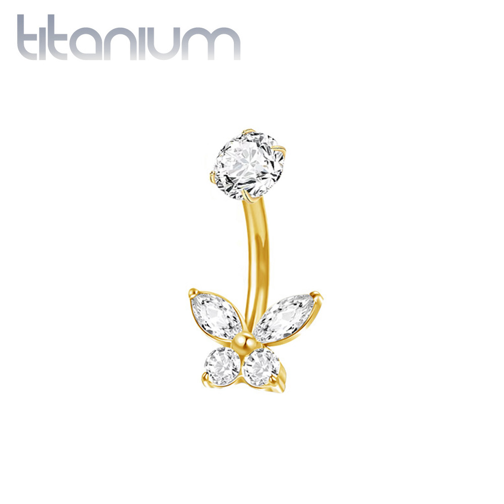 עגיל פירסינג בטבור מטיטניום מציפוי זהב - פרפר קטן וזרקונים לבנים