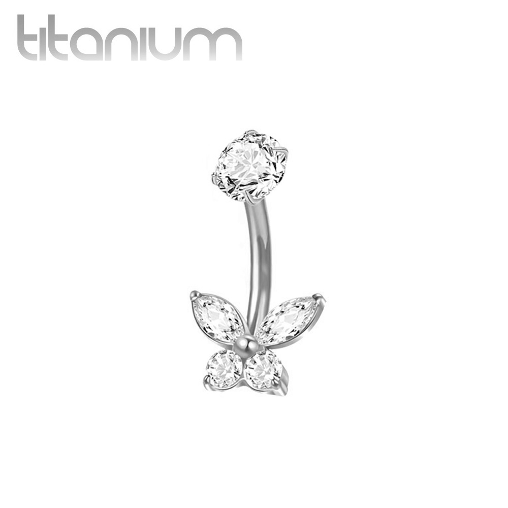 עגיל פירסינג בטבור מטיטניום - פרפר קטן וזרקונים לבנים