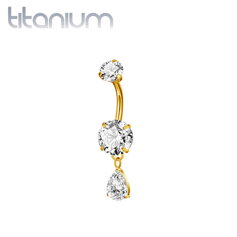 עגיל פירסינג בטבור מטיטניום וציפוי זהב - 2 זירקונים עיגול וטיפה