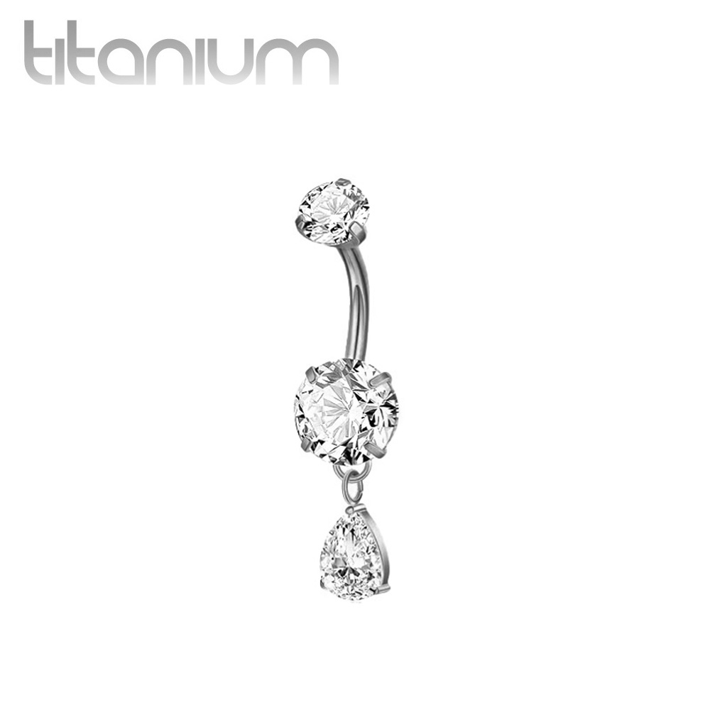 עגיל פירסינג בטבור מטיטניום - 2 זירקונים עיגול וטיפה