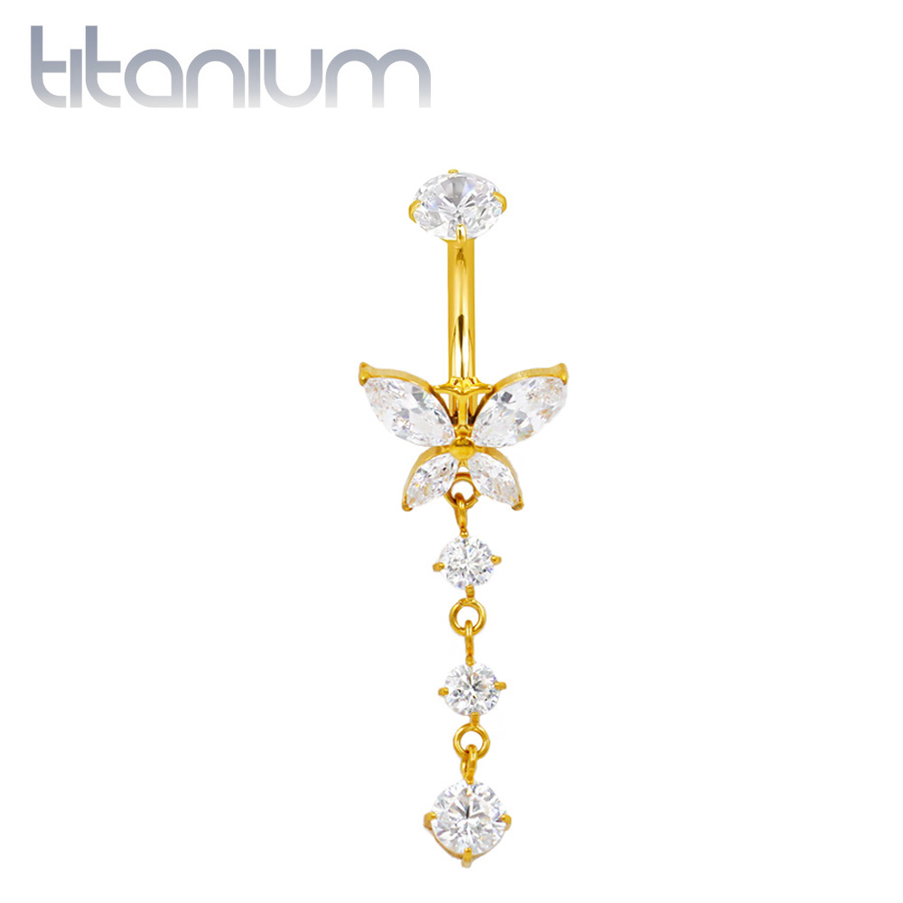 עגיל פירסינג בטבור מטיטניום מציפוי זהב - פרפר עם 3 זירקונים עגולים