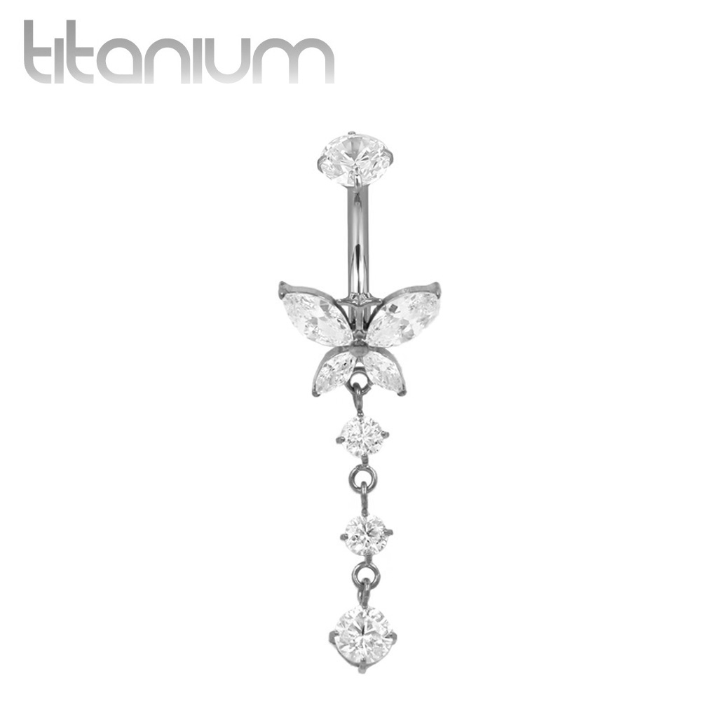 עגיל פירסינג בטבור מטיטניום - פרפר עם 3 זירקונים עגולים