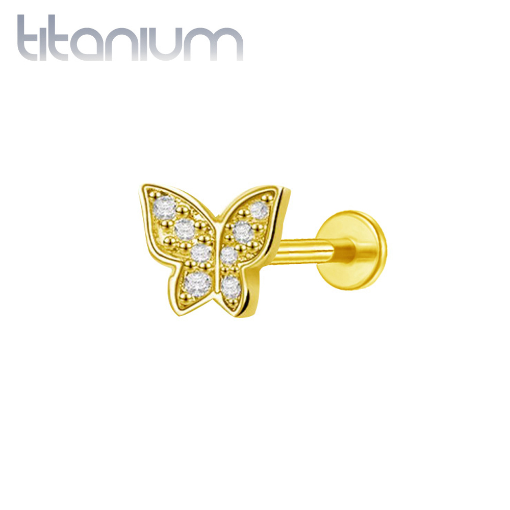 עגיל הליקס / טראגוס / קונץ' / פלאט מטיטניום וציפוי זהב - פרפר עם קריסטלים לבנים