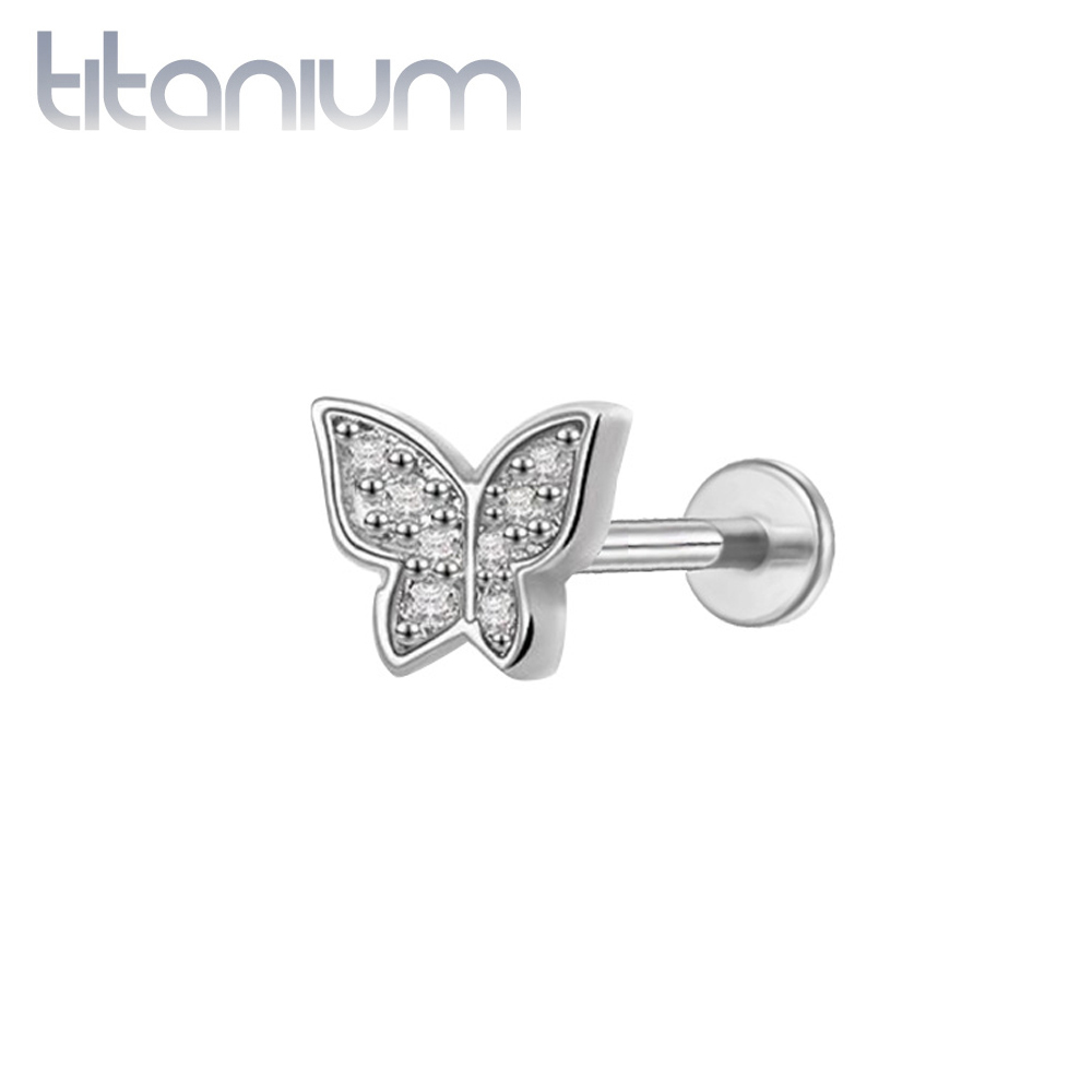 עגיל הליקס / טראגוס / קונץ' / פלאט מטיטניום - פרפר עם קריסטלים לבנים