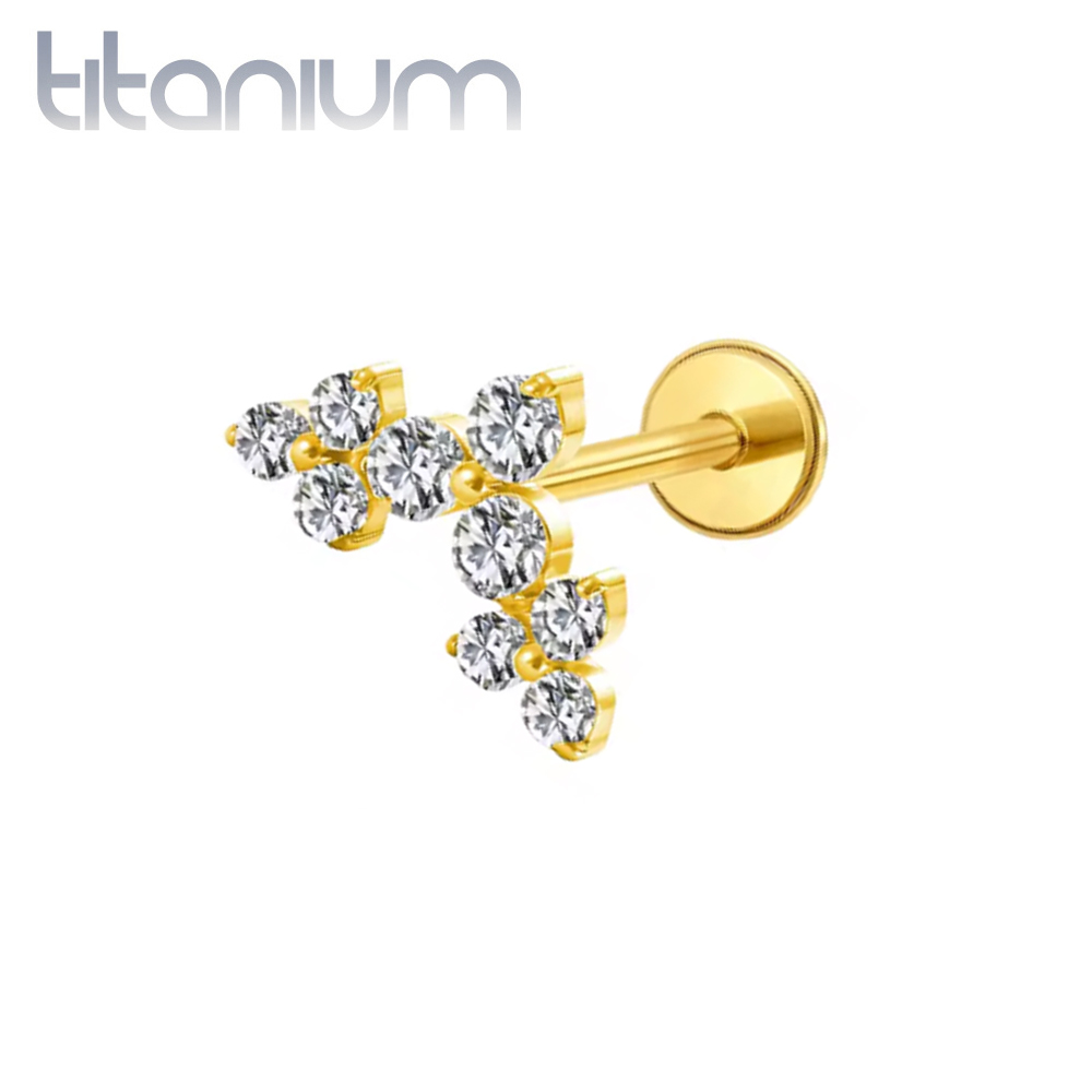 עגיל הליקס / קונץ' / פלאט מטיטניום וציפוי זהב - 3 פרחים עם קריסטלים לבנים