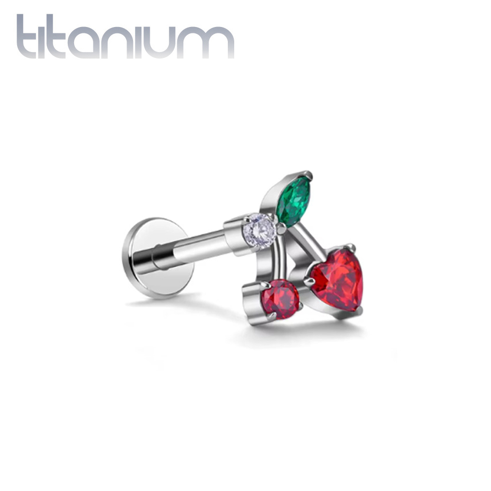 עגיל הליקס / קונץ' / פלאט מטיטניום - דובדבן עם זירקונים אדומים ירוק ולבן