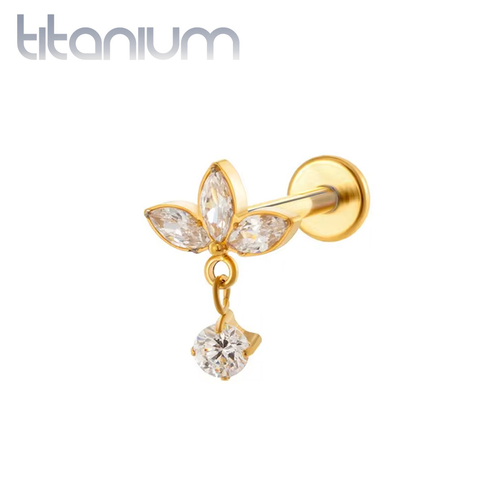 עגיל הליקס / קונץ' / פלאט מטיטניום וציפוי זהב - לוטוס ועיגול נתלה קריסטלים לבנים