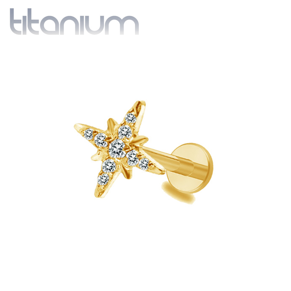 עגיל הליקס / טראגוס / קונץ' / פלאט מטיטניום וציפוי זהב - כוכב עם קריסטלים לבנים