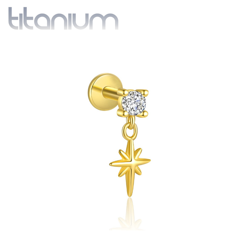 עגיל הליקס / טראגוס / קונץ' / פלאט מטיטניום וציפוי זהב - זירקון עגול וכוכב