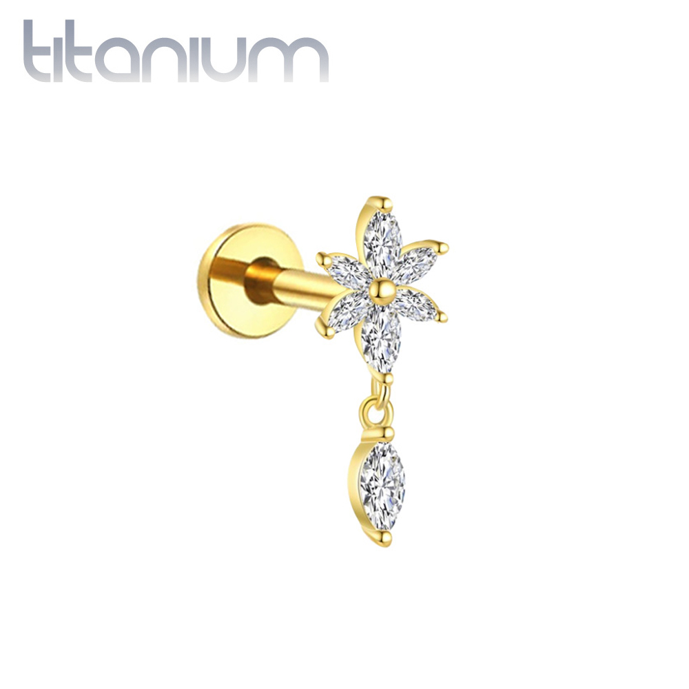 עגיל הליקס / קונץ' / פלאט מטיטניום וציפוי זהב - פרח ועיגול נתלה קריסטלים לבנים