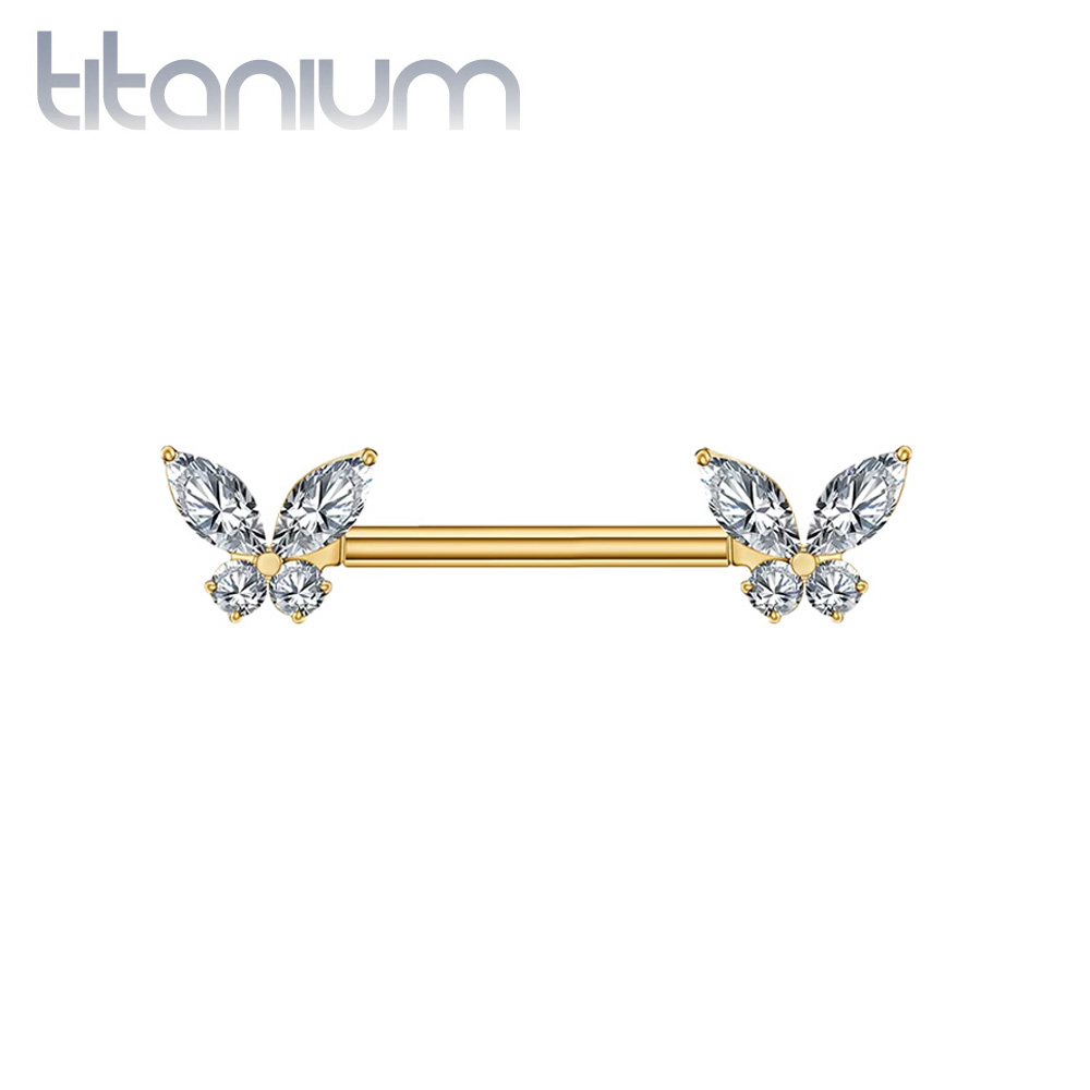 עגיל פירסינג בפטמה מטיטניום וציפוי זהב - מפרפרים עם זירקונים לבנים
