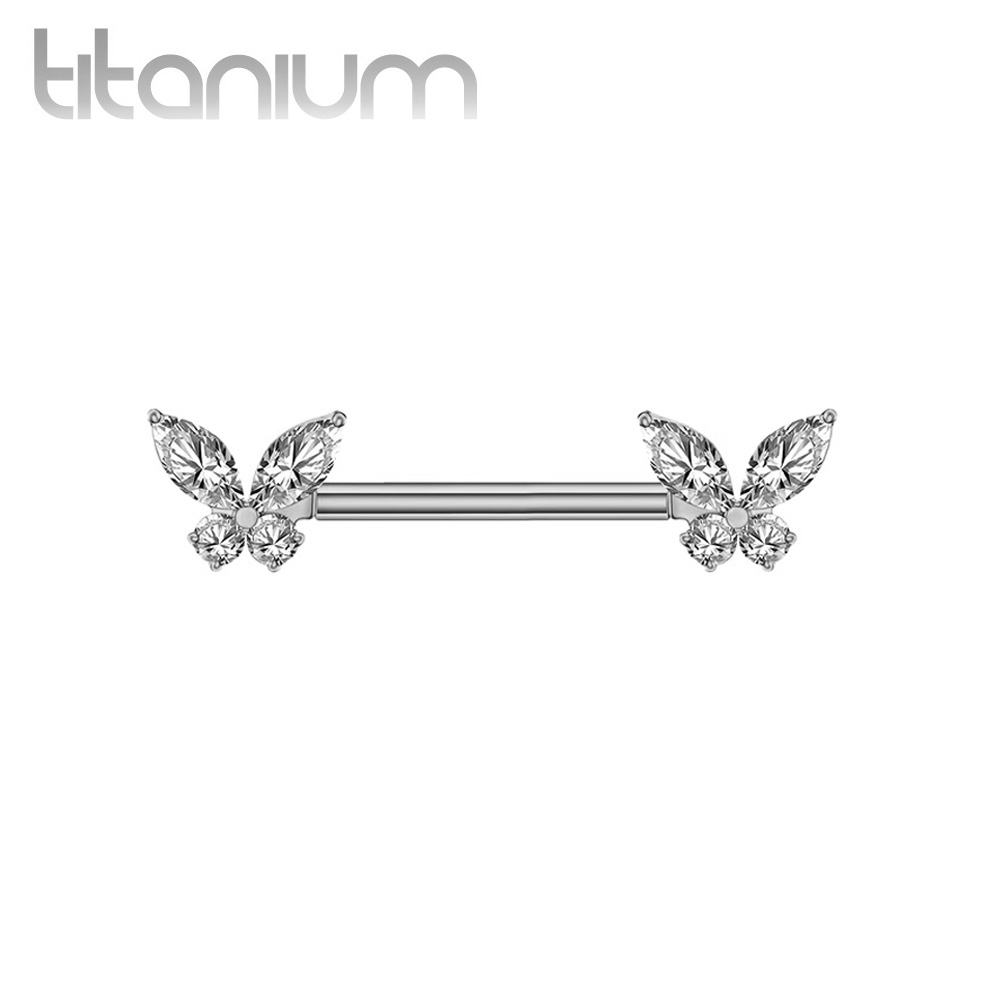 עגיל פירסינג בפטמה מטיטניום - מפרפרים עם זירקונים לבנים