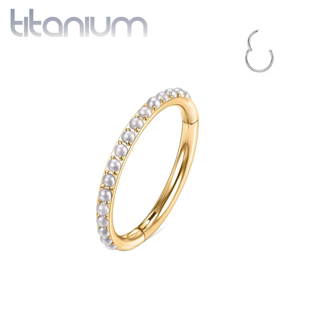 עגיל הליקס / קונץ ' טבעת קליקר מטיטניום וציפוי זהב 1.2 * 10 / 8  מ"מ ופנינים לבנות