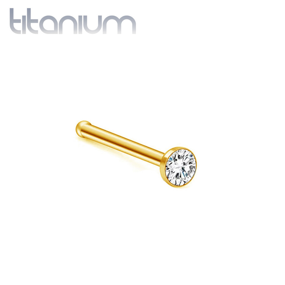 נזם אף ישר מטיטניום וציפוי זהב 2 / 2.5 ממ קריסטל לבן