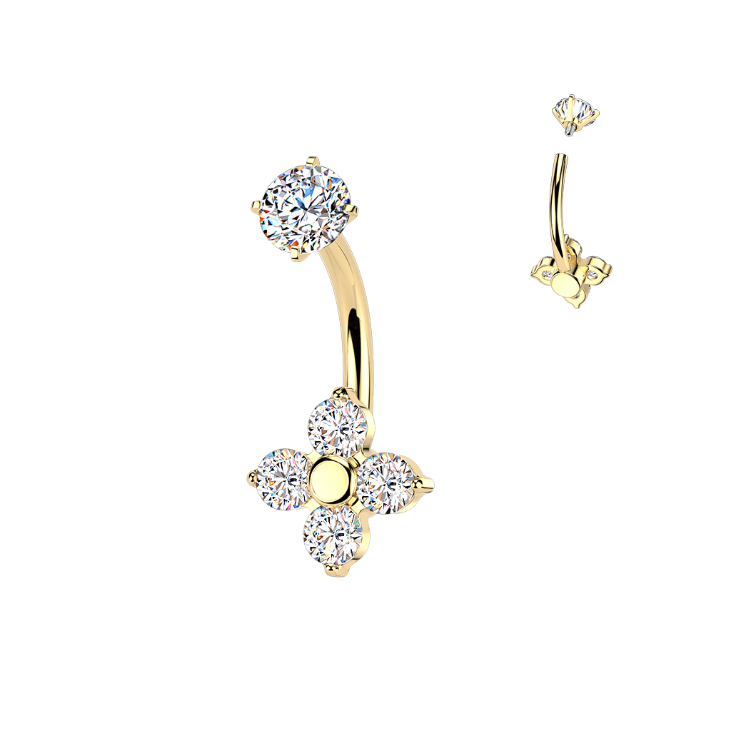 עגיל פירסינג בטבור וציפוי זהב – פרח זירקונים לבנים