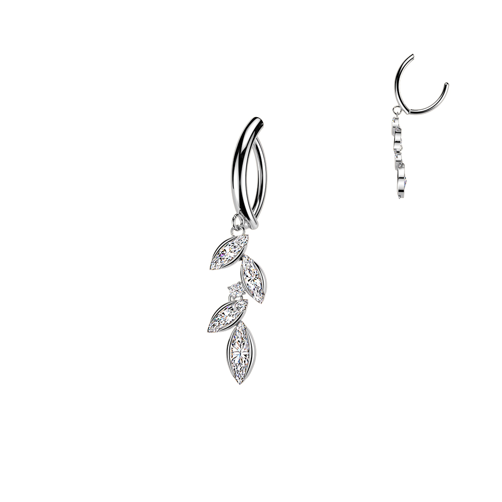 עגיל פירסינג קליקר בטבור - עלים של זירקונים מרקיזים ועיגול לבנים