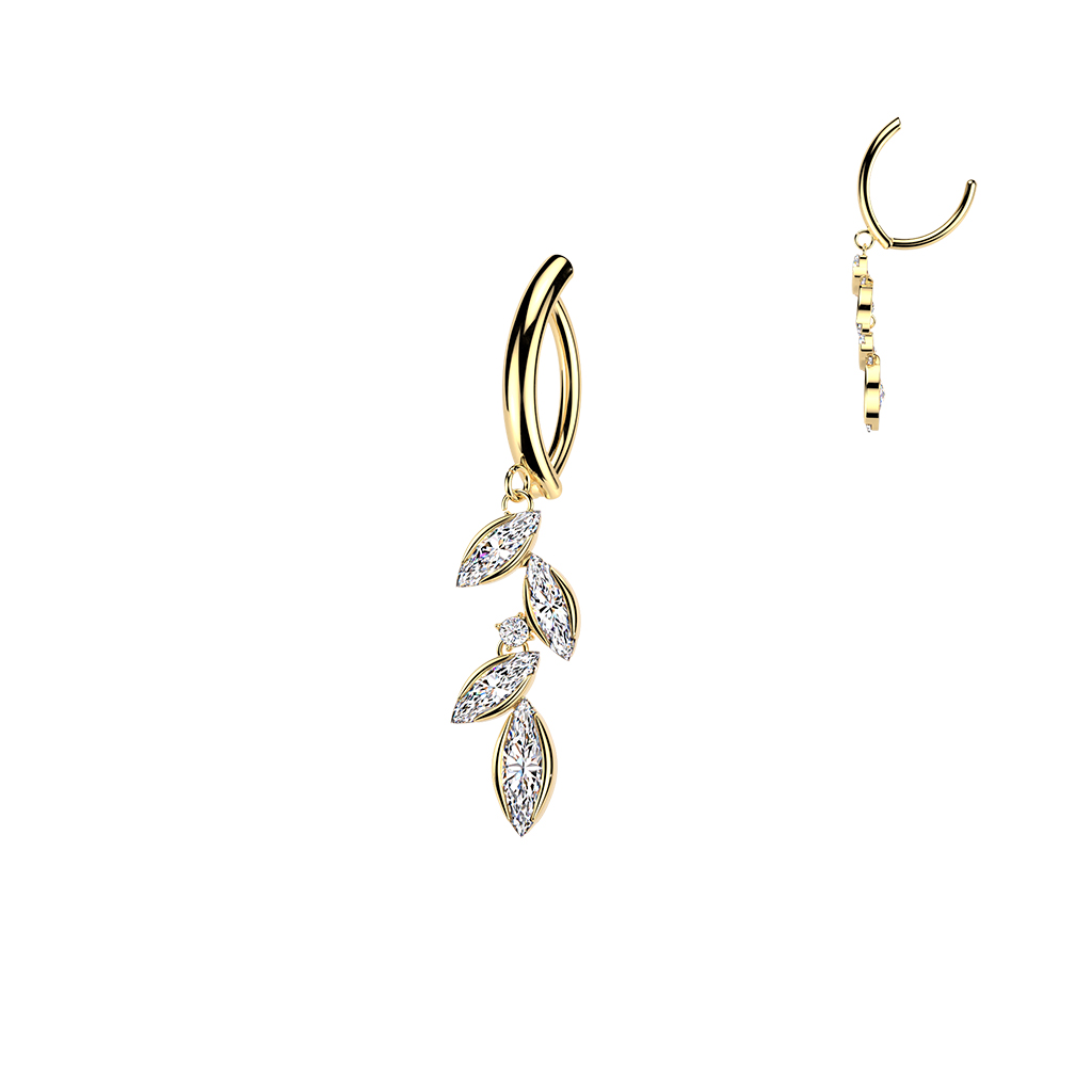 עגיל פירסינג קליקר בטבור וציפוי זהב - עלים של זירקונים מרקיזים ועיגול לבנים