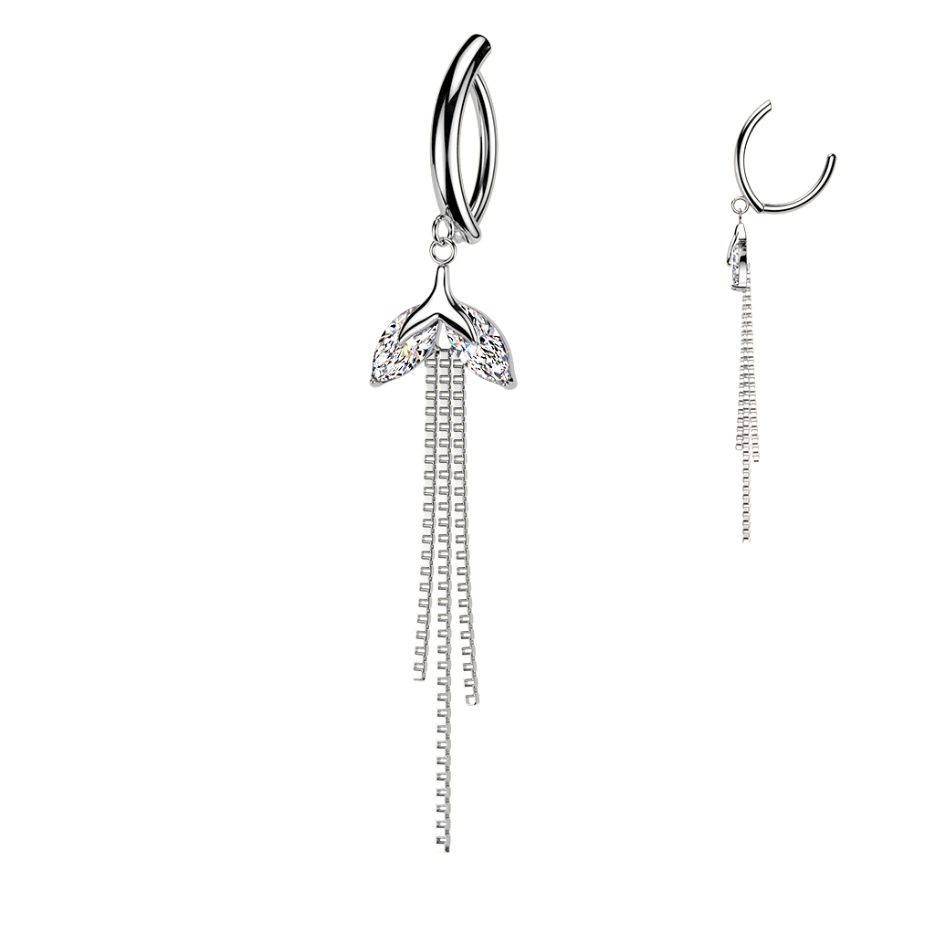 עגיל פירסינג קליקר בטבור - זנב לויתן עם זירקונים לבנים ושרשראות