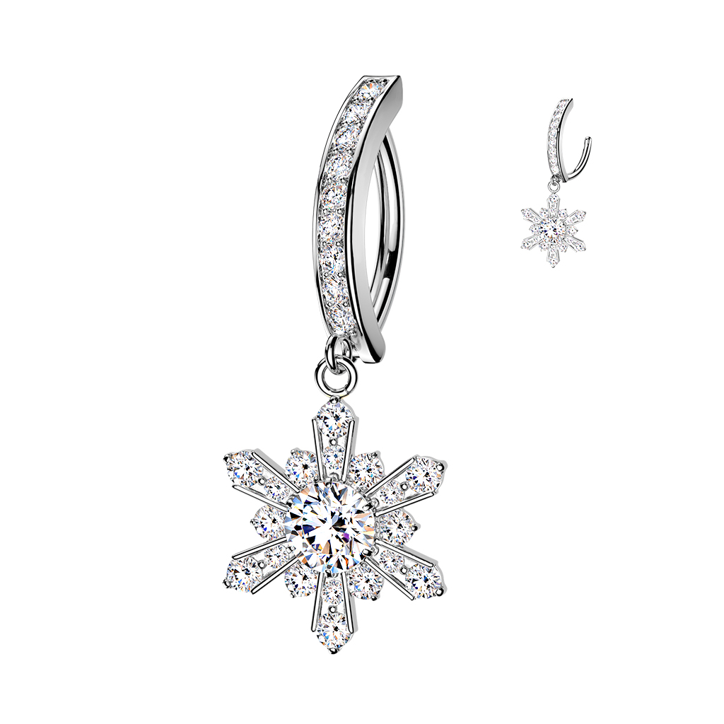 עגיל פירסינג קליקר בטבור - פתית שלג עם קריסטלים לבנים