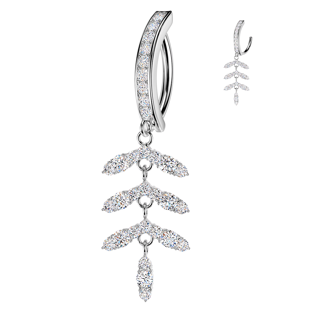 עגיל פירסינג קליקר בטבור - גבעול ועלים עם קריסטלים לבנים