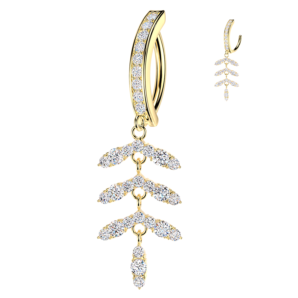 עגיל פירסינג קליקר בטבור וציפוי זהב - גבעול ועלים עם קריסטלים לבנים